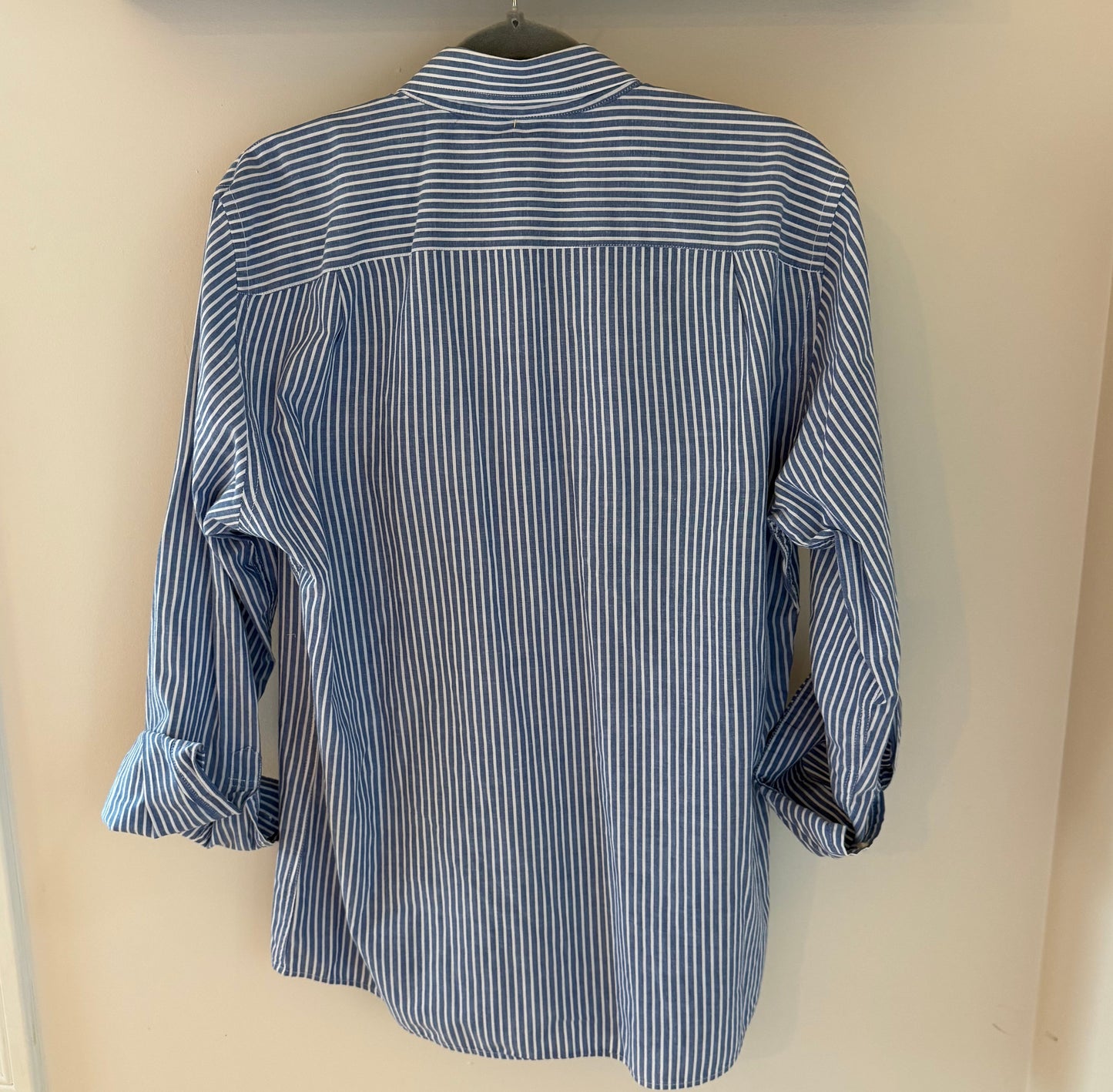 Hearts Appliqué Upcycled Blue Pin-Striped Button-Up Shirt