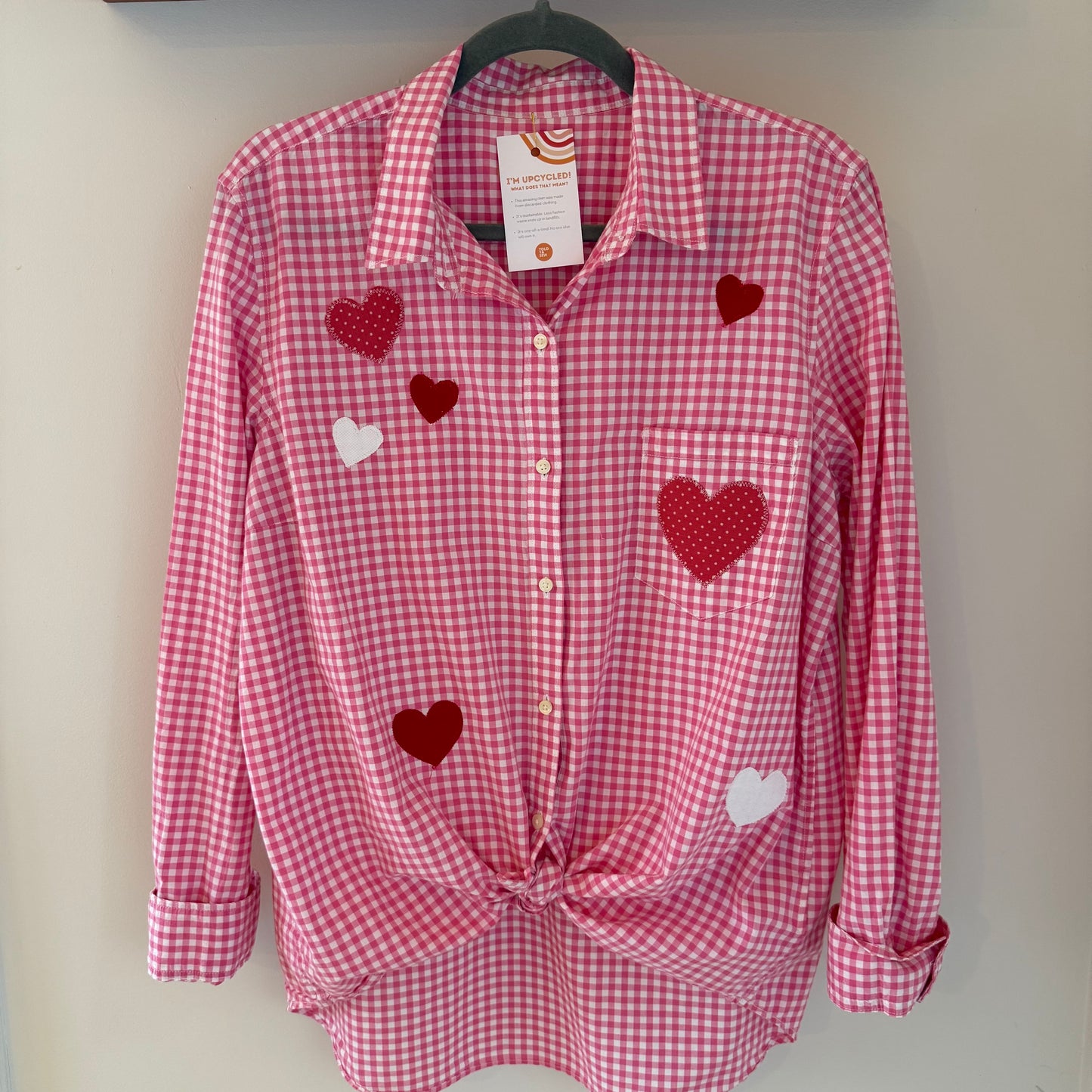 Hearts Appliqué Upcycled Pink Checkered Button-Up Shirt