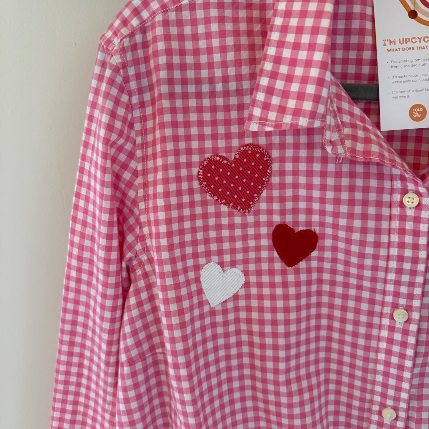 Hearts Appliqué Upcycled Pink Checkered Button-Up Shirt