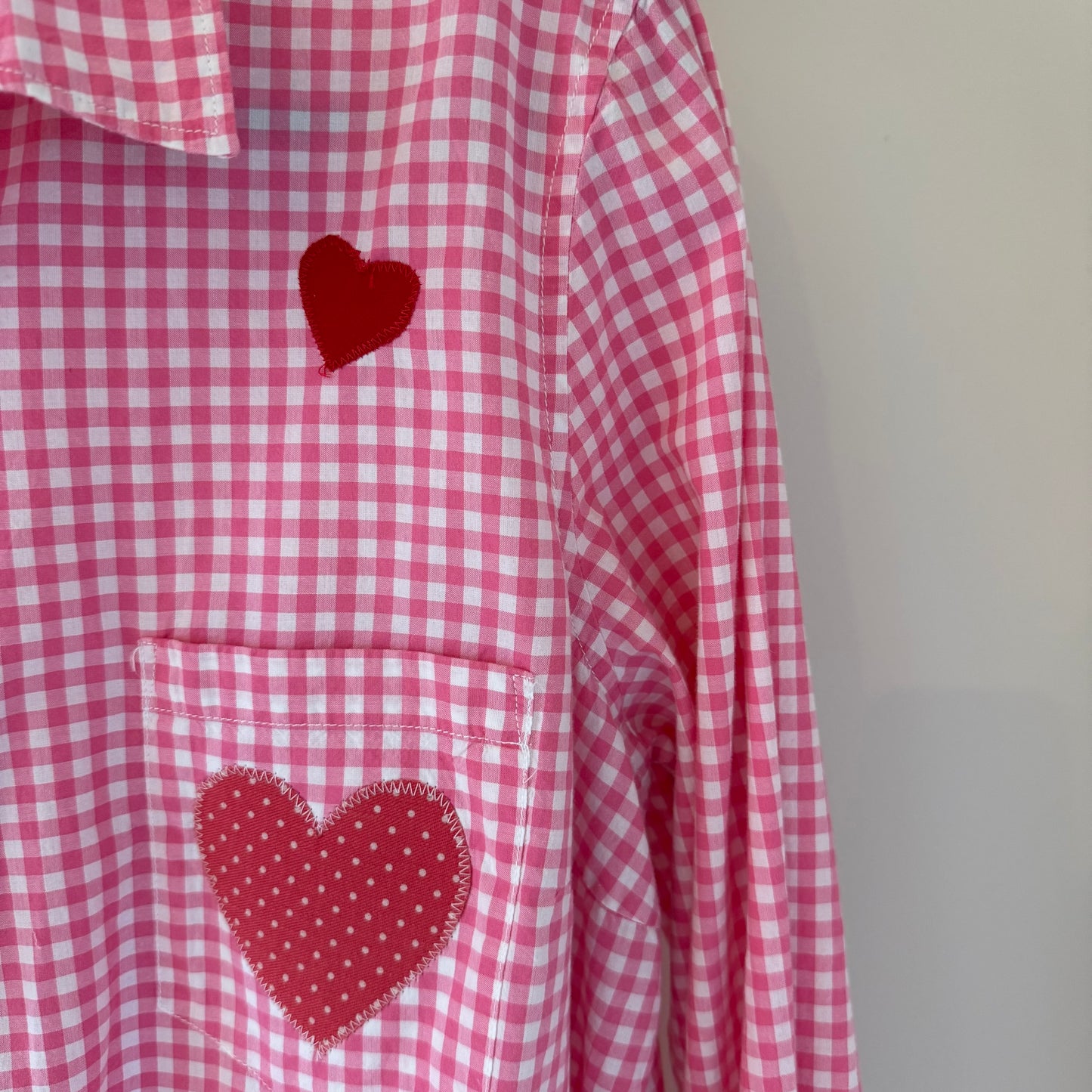 Hearts Appliqué Upcycled Pink Checkered Button-Up Shirt