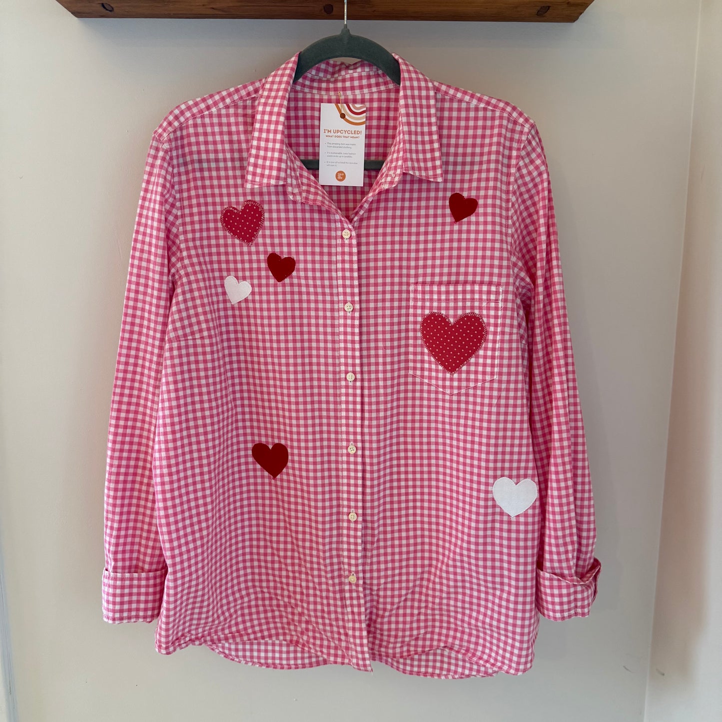 Hearts Appliqué Upcycled Pink Checkered Button-Up Shirt