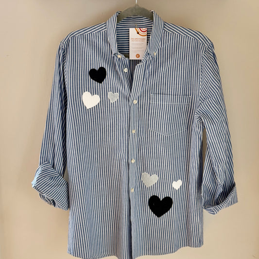 Hearts Appliqué Upcycled Blue Pin-Striped Button-Up Shirt