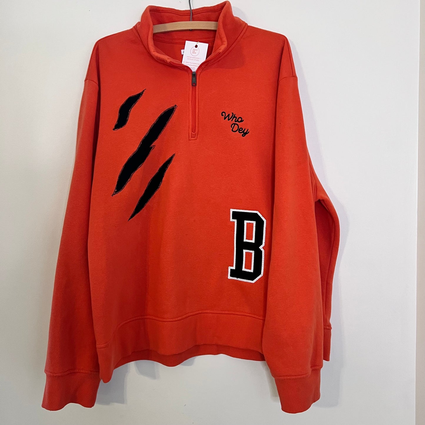 Who Dey Embroidered Striped Upcycled Orange Quarter-Zip Sweatshirt