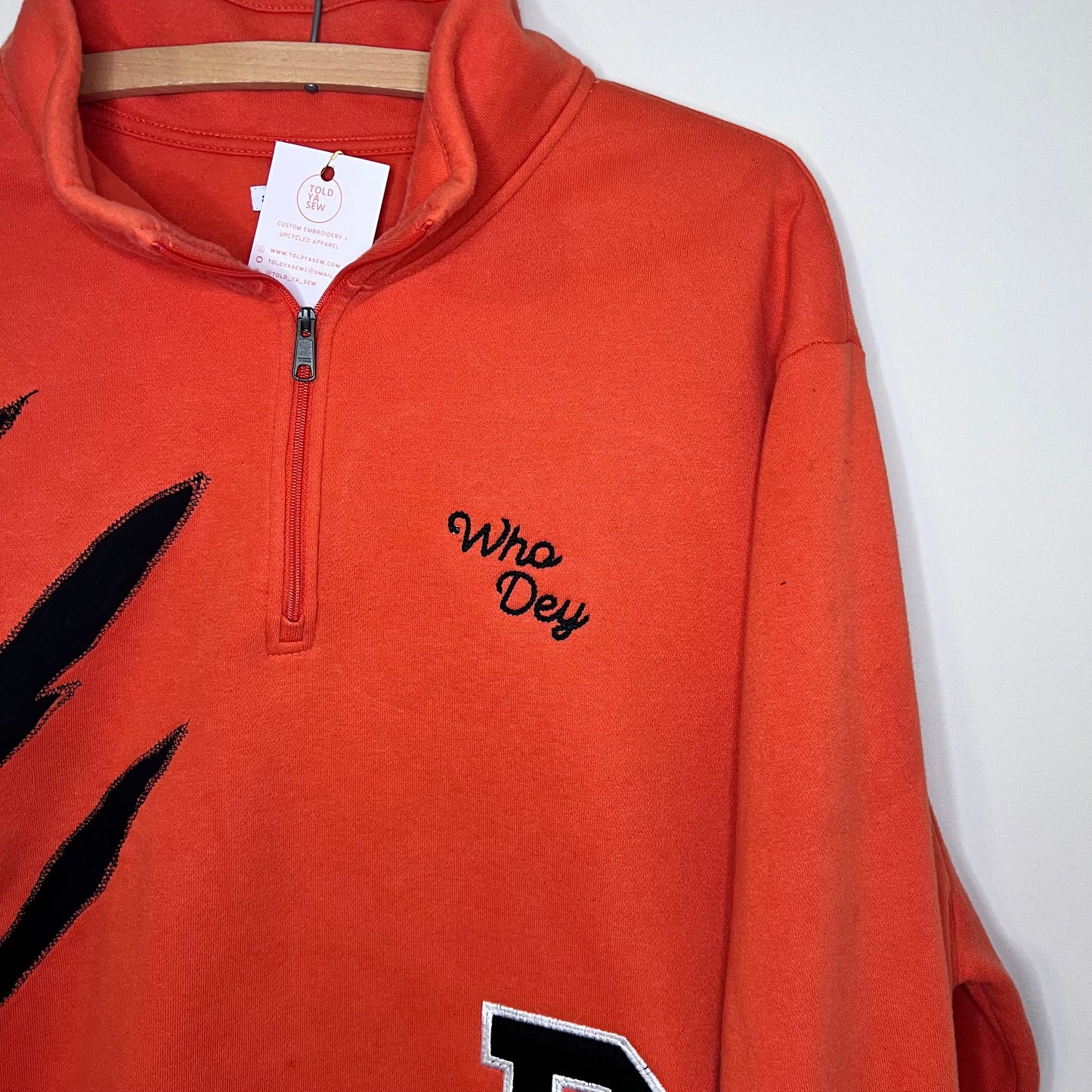 Who Dey Embroidered Striped Upcycled Orange Quarter-Zip Sweatshirt