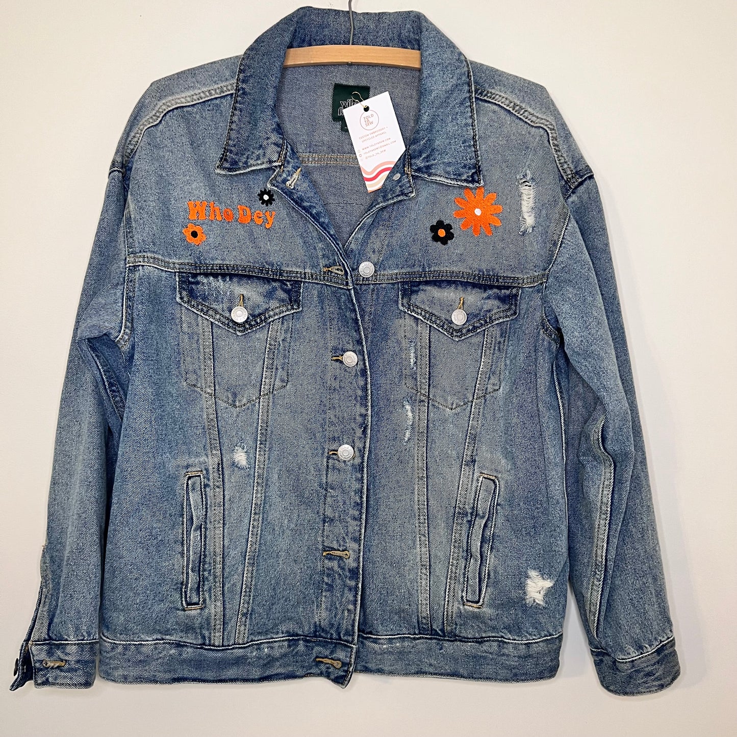 "Peace, Love, Who Dey" Upcycled Embroidered Denim Jacket