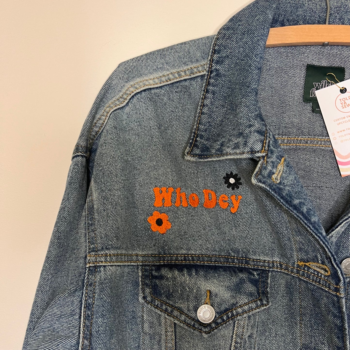 "Peace, Love, Who Dey" Upcycled Embroidered Denim Jacket