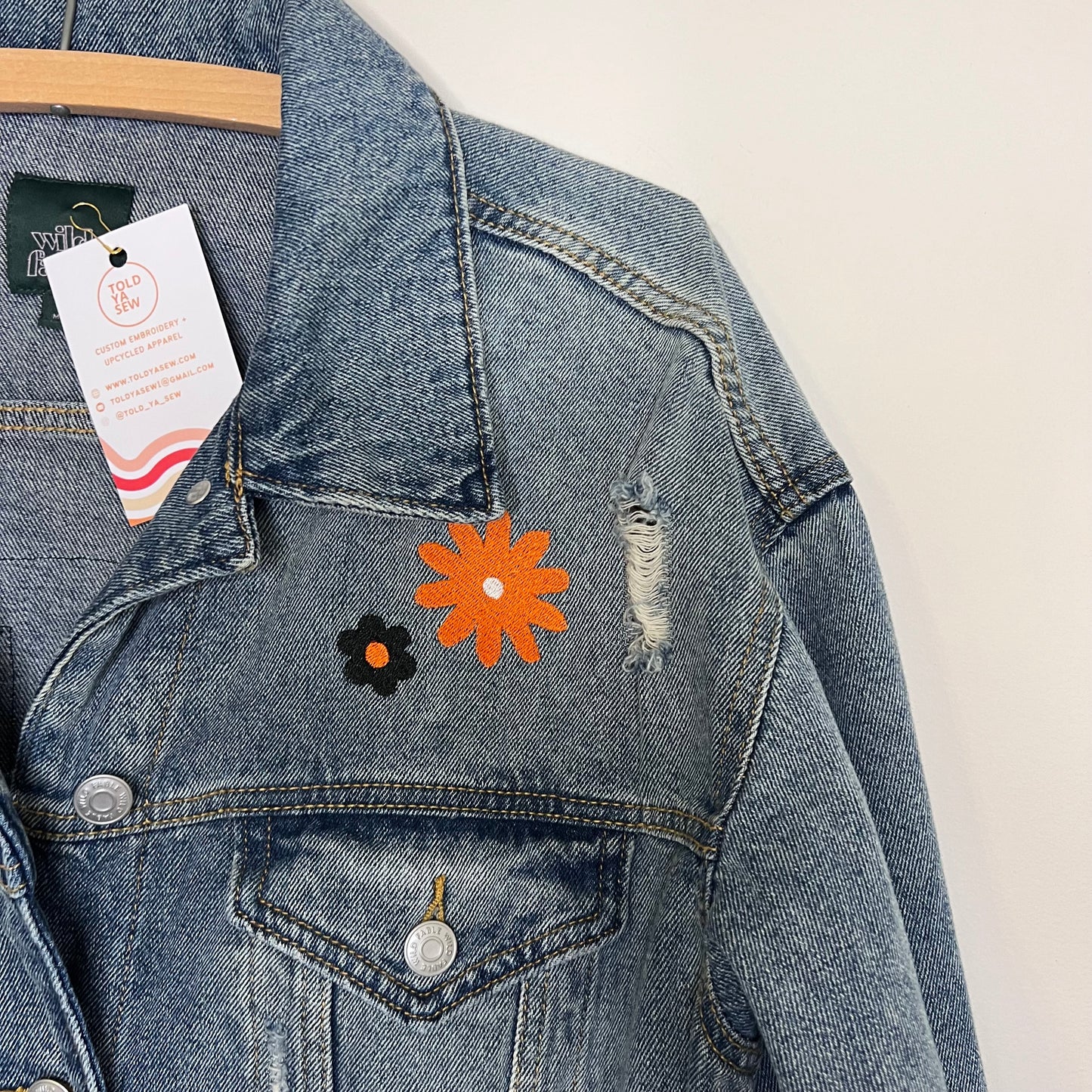 "Peace, Love, Who Dey" Upcycled Embroidered Denim Jacket