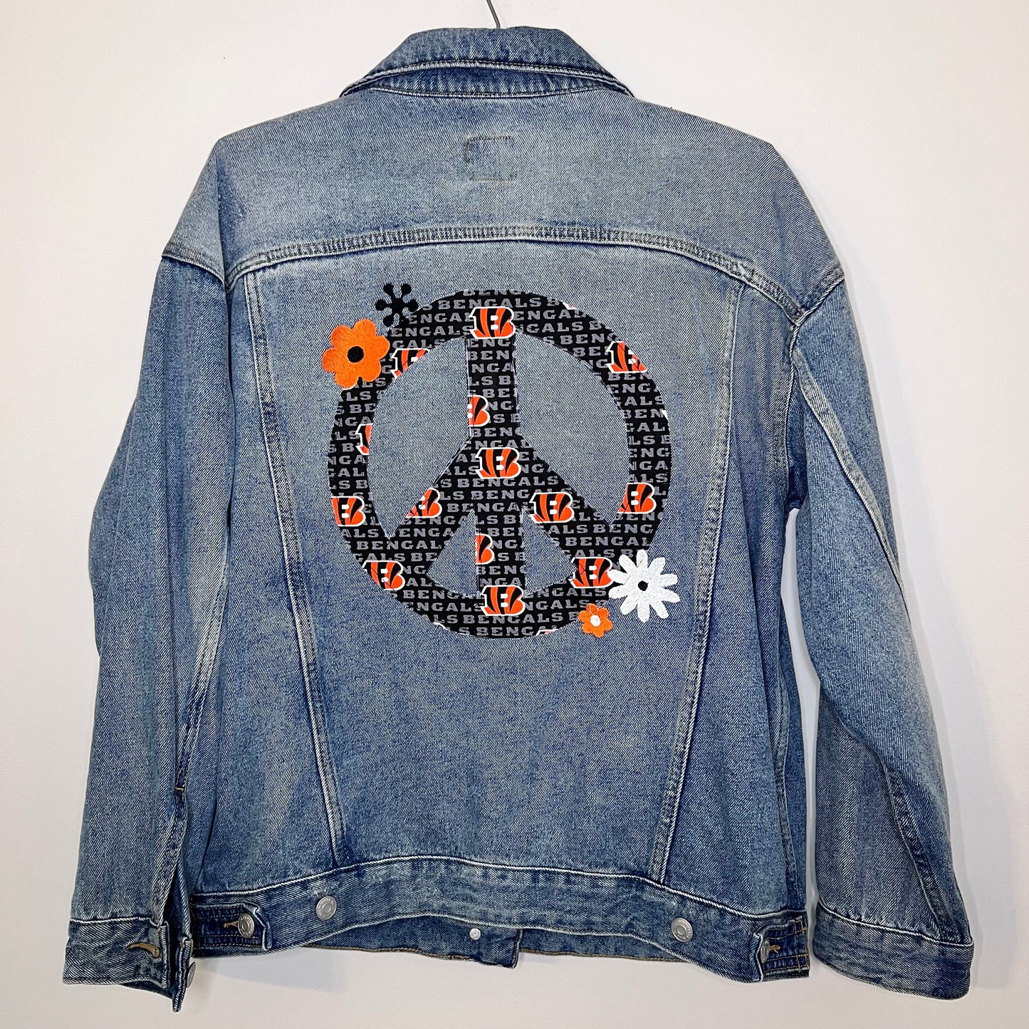 "Peace, Love, Who Dey" Upcycled Embroidered Denim Jacket