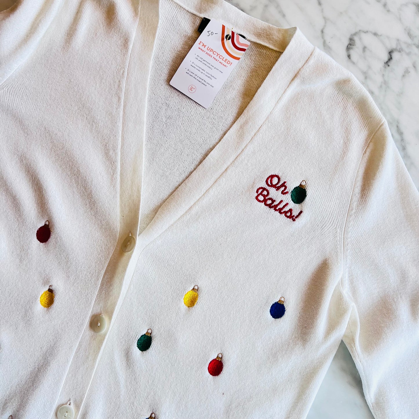 "Oh Balls!" Embroidered Upcycled White Cardigan Sweater