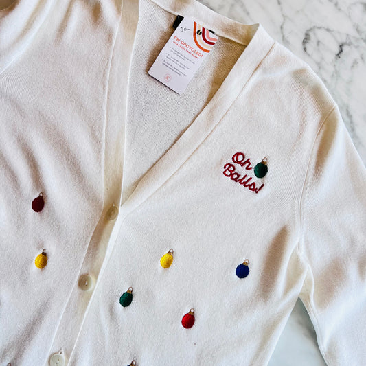 "Oh Balls!" Embroidered Upcycled White Cardigan Sweater