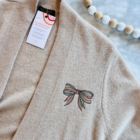 Christmas Bow Embroidered Upcycled Gold Cashmere Duster Sweater