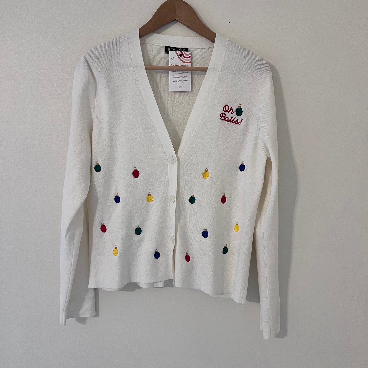 "Oh Balls!" Embroidered Upcycled White Cardigan Sweater