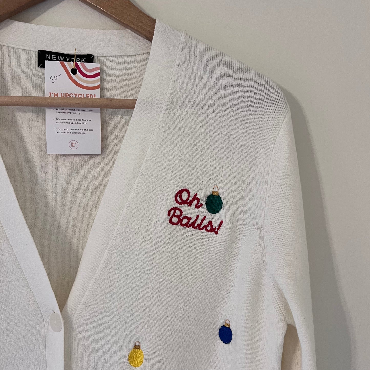 "Oh Balls!" Embroidered Upcycled White Cardigan Sweater