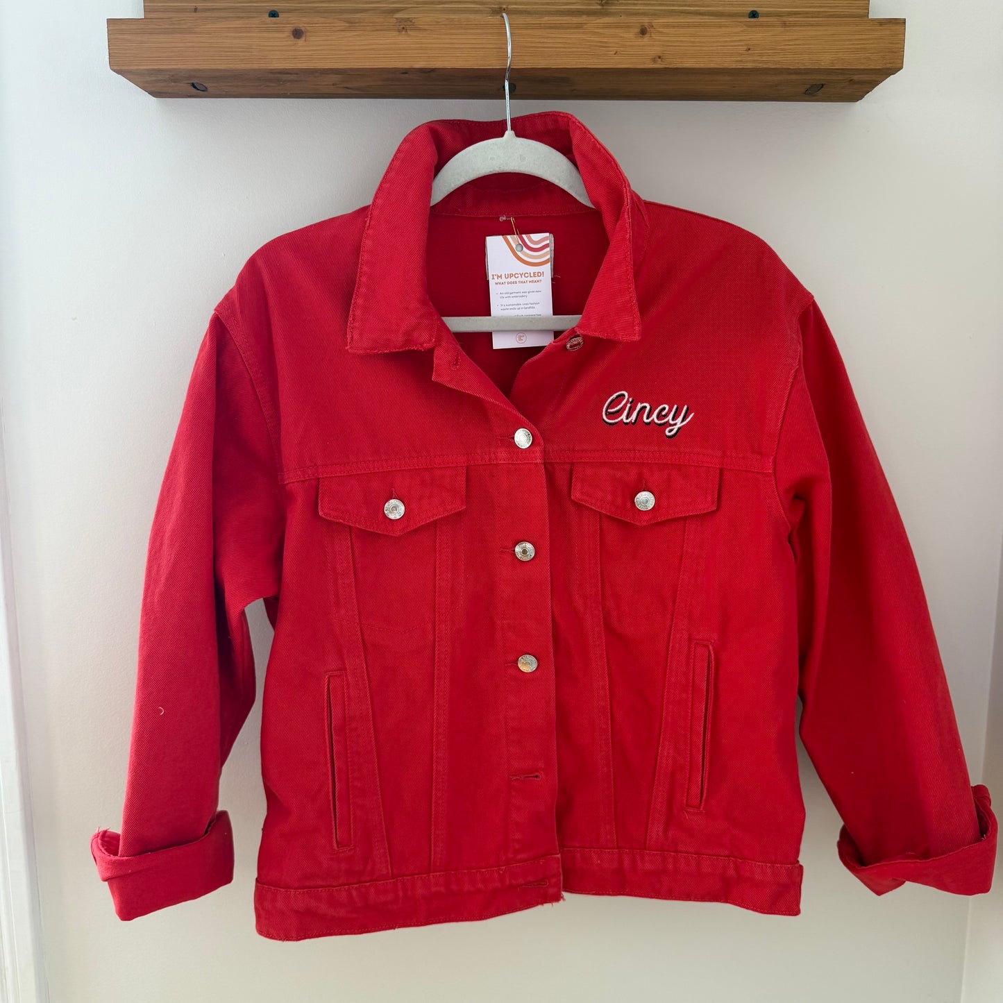 Cincinnati Reds Embroidered Upcycled Red Denim Jacket