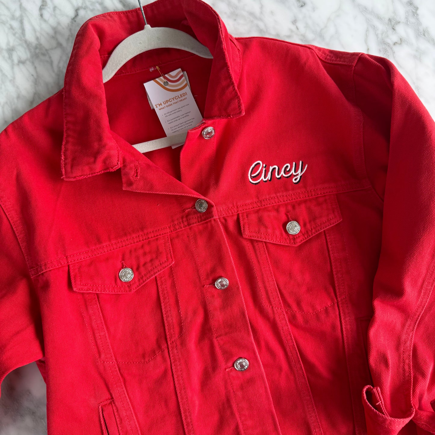 Cincinnati Reds Embroidered Upcycled Red Denim Jacket