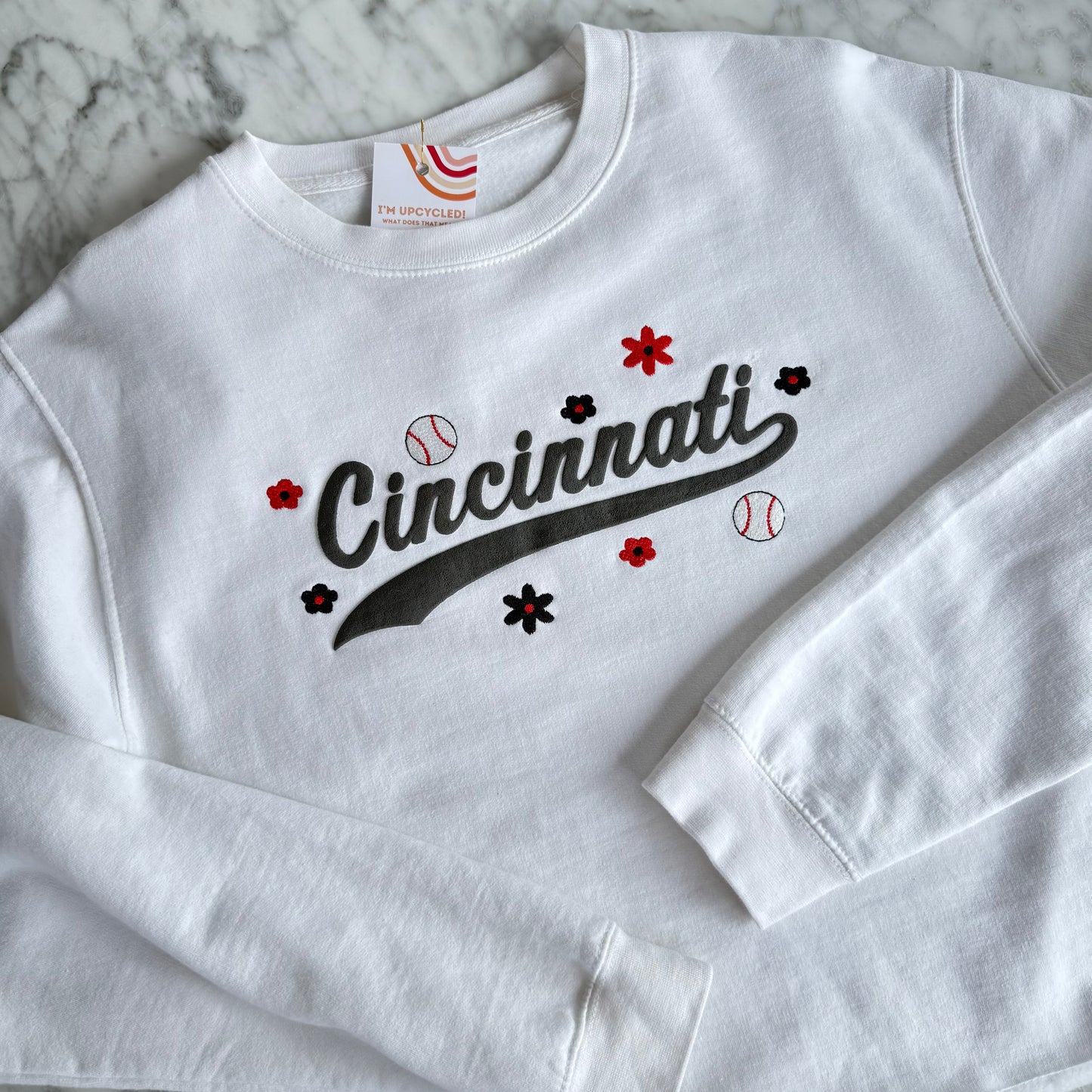 Cincinnati Baseball Embroidered Upcycled Cropped Crewneck Sweatshirt