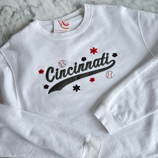 Cincinnati Baseball Embroidered Upcycled Cropped Crewneck Sweatshirt