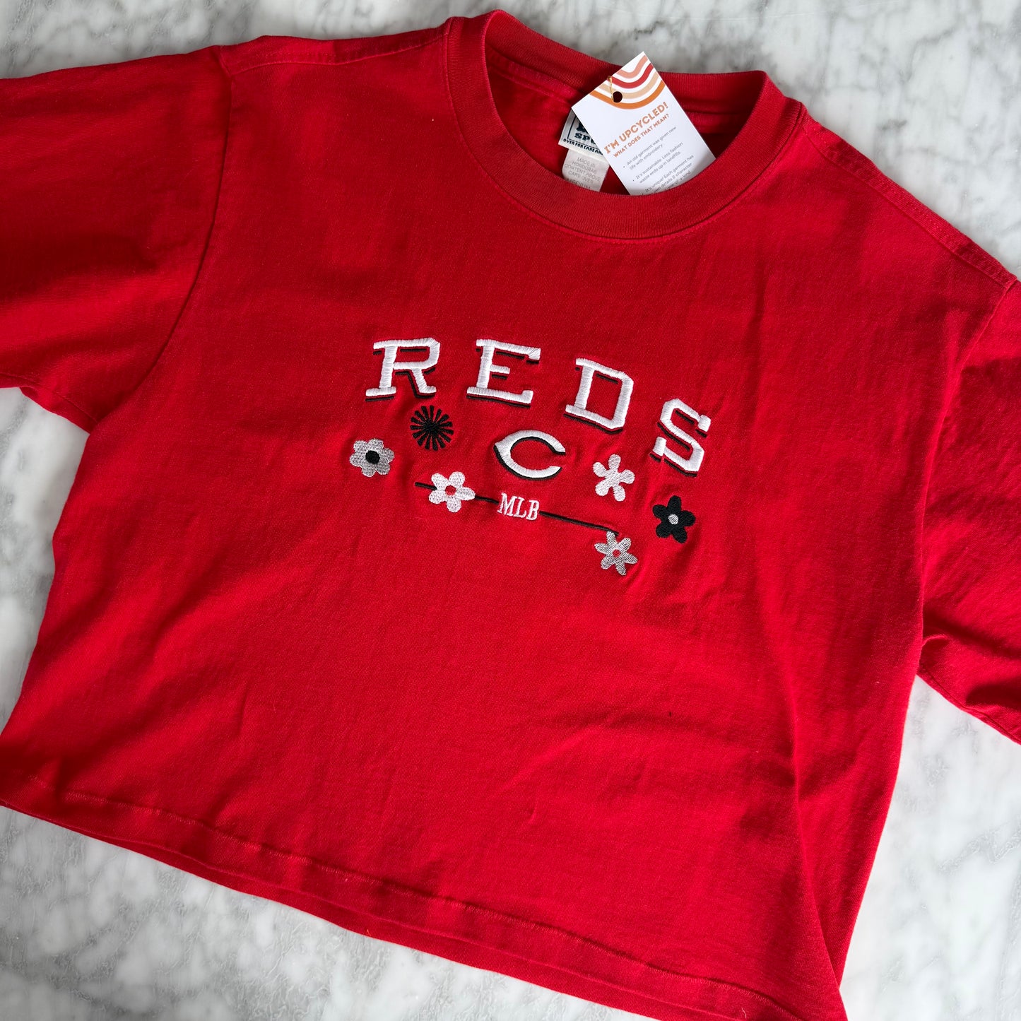 Cincinnati Reds Upcycled Embroidered Cropped T-shirt