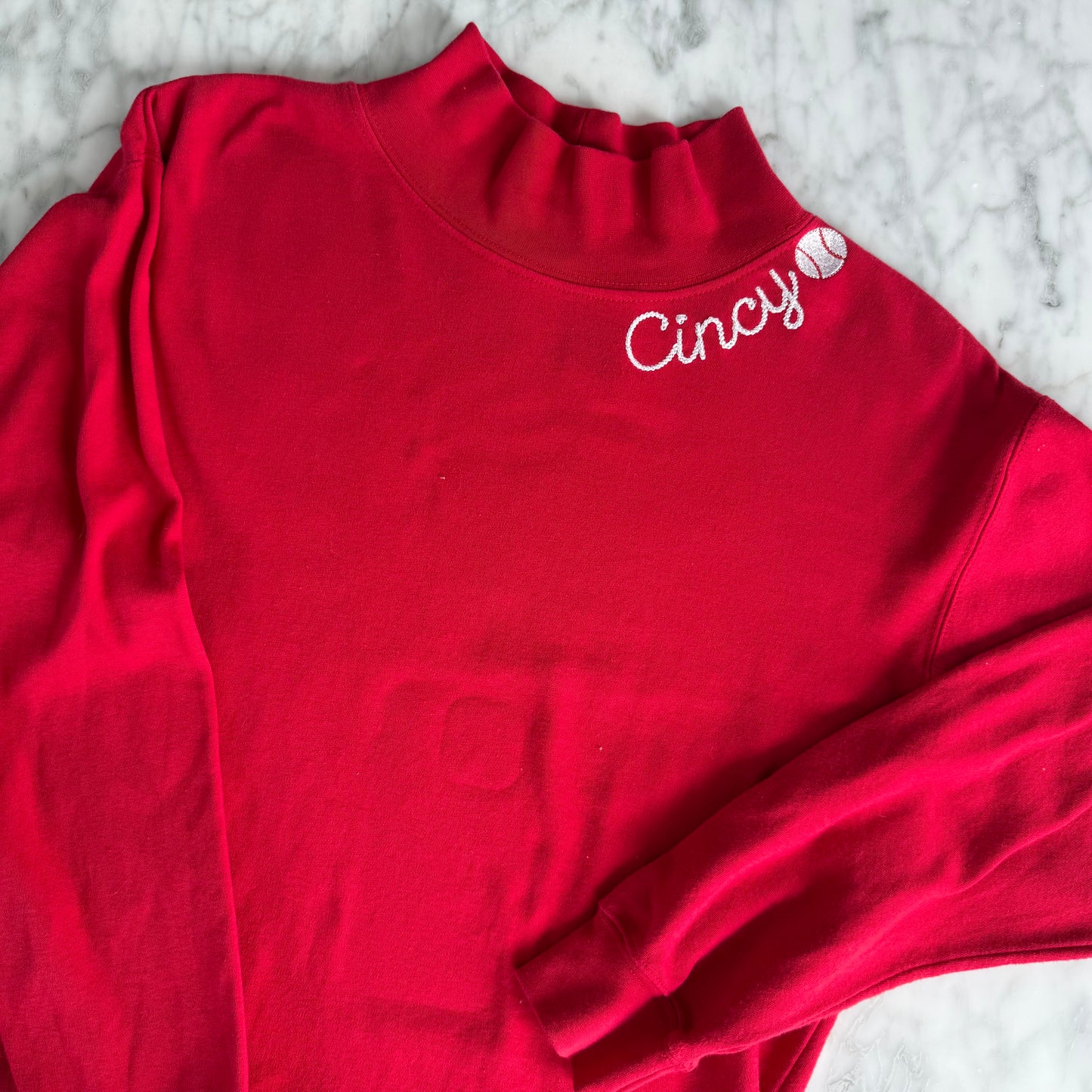 Cincy Baseball Embroidered Upcycled Long-sleeved Mockneck