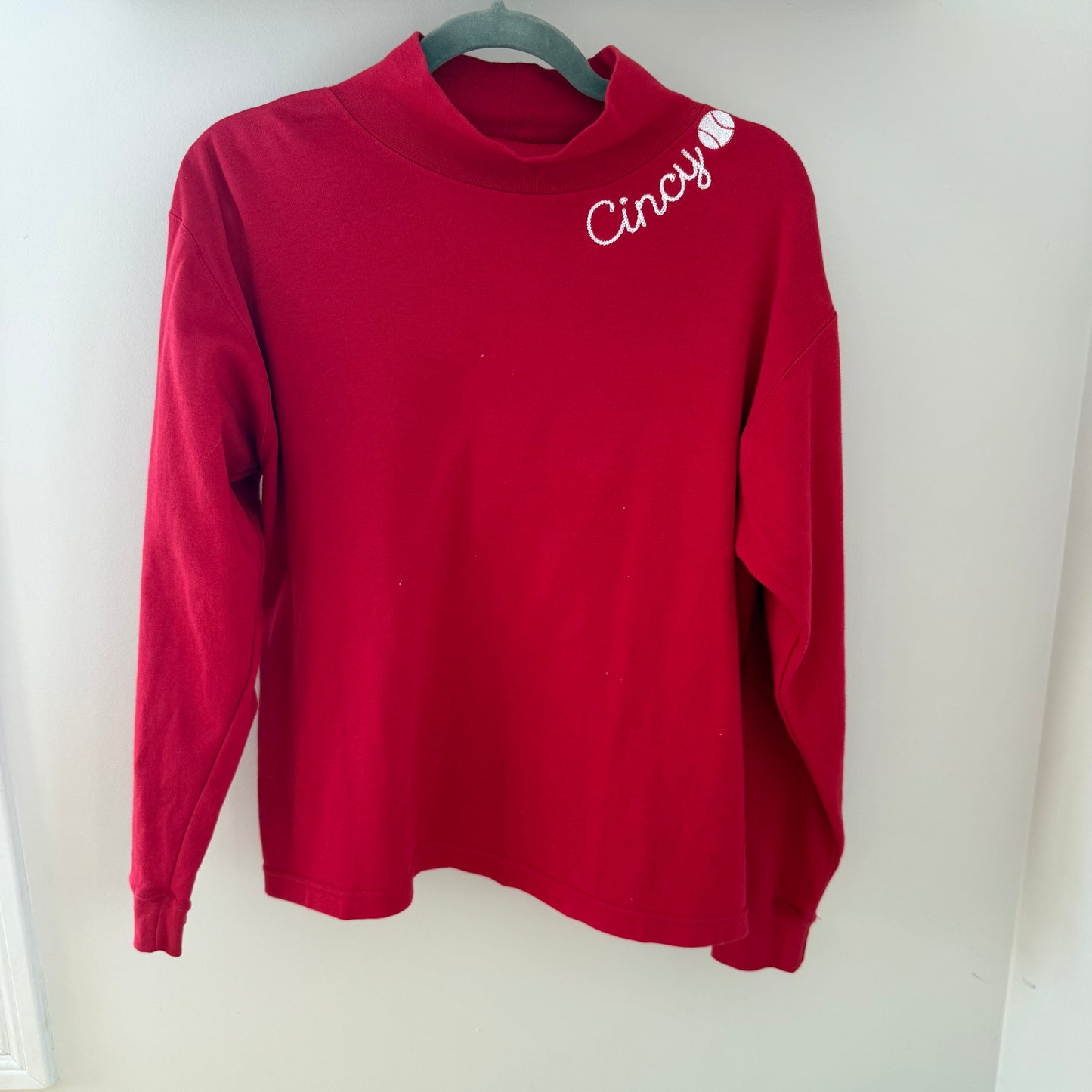 Cincy Baseball Embroidered Upcycled Long-sleeved Mockneck
