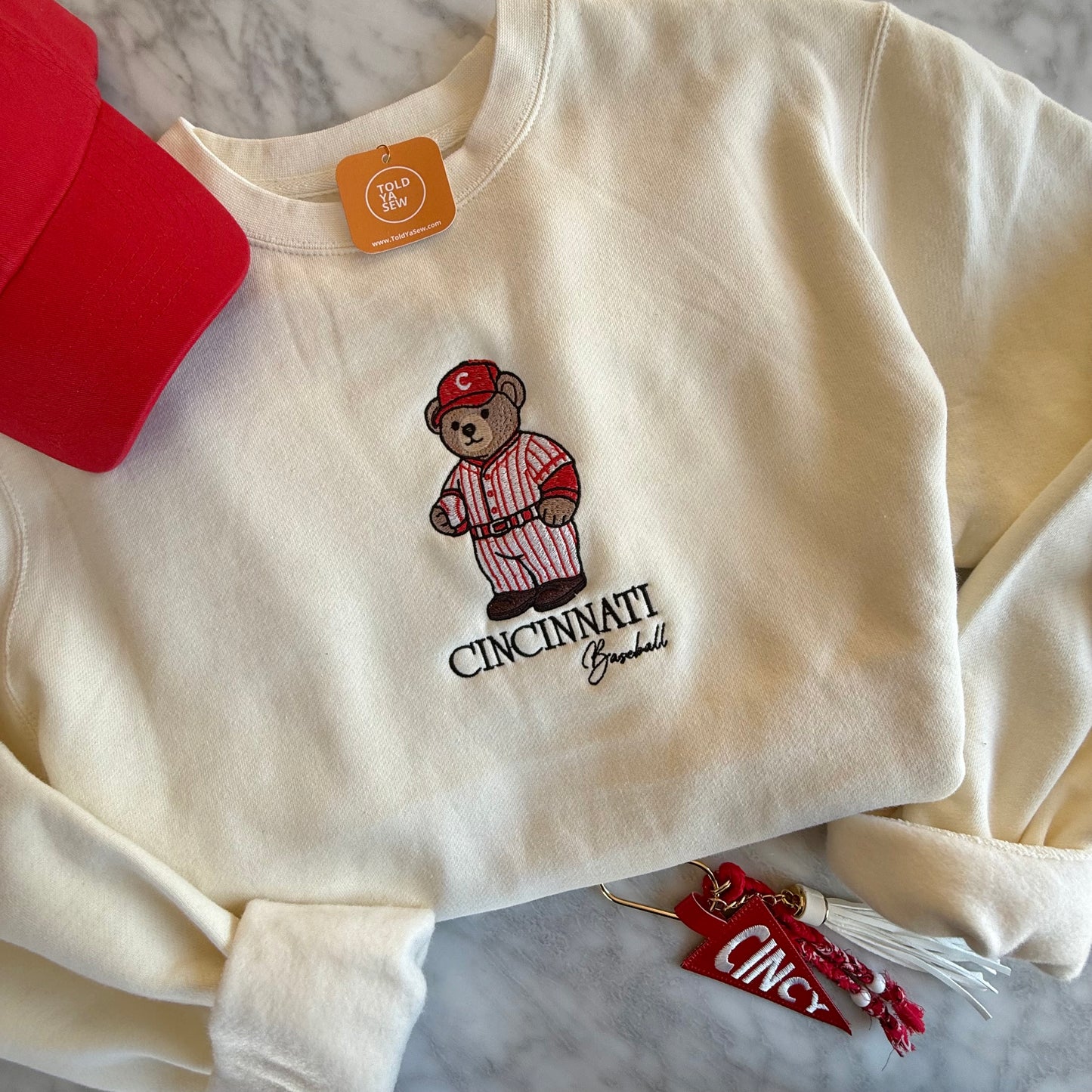 Cincinnati Reds Baseball Teddy Bear Embroidered Crewneck