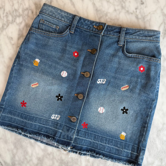 "Summer in Cincy" Upcycled Embroidered Denim Mini Skirt