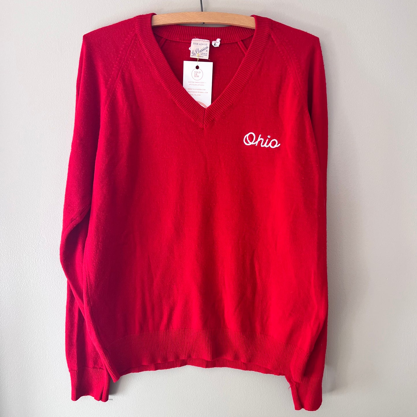 Ohio Embroidered Upcycled Vintage Red V-Neck Sweater