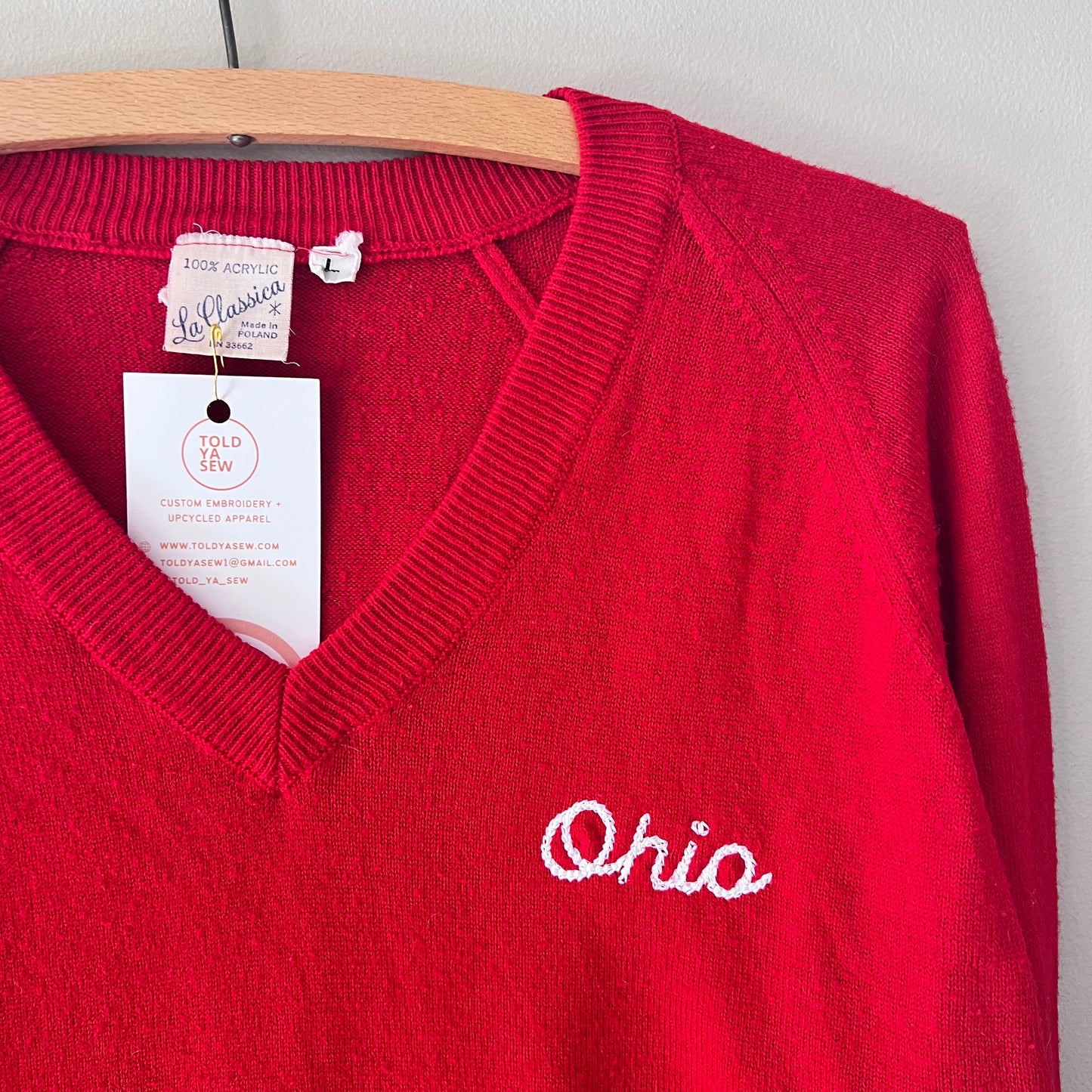 Ohio Embroidered Upcycled Vintage Red V-Neck Sweater