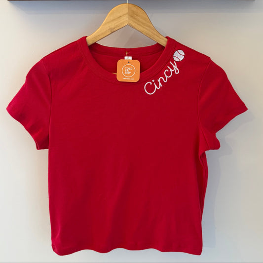 Cincy Baseball Embroidered Fitted Cropped T-Shirt