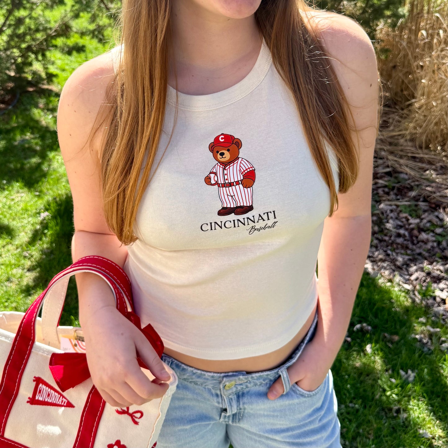 Cincinnati Reds Baseball Teddy Bear Fitted Crop Tee or Tank Top