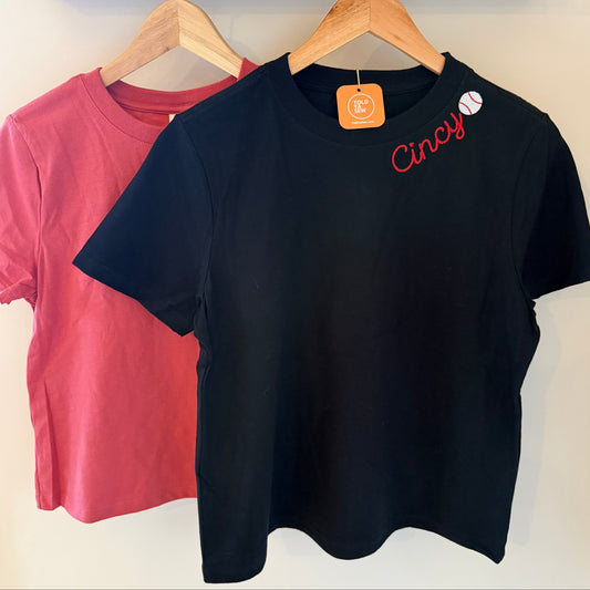 Cincy Baseball Embroidered Relaxed Women's Mid-Length T-Shirt