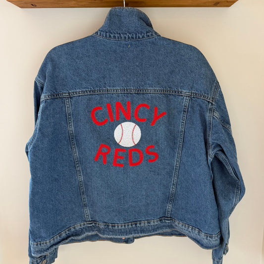 Cincy Reds Chainstitich Embroidered Upcycled Denim Jacket