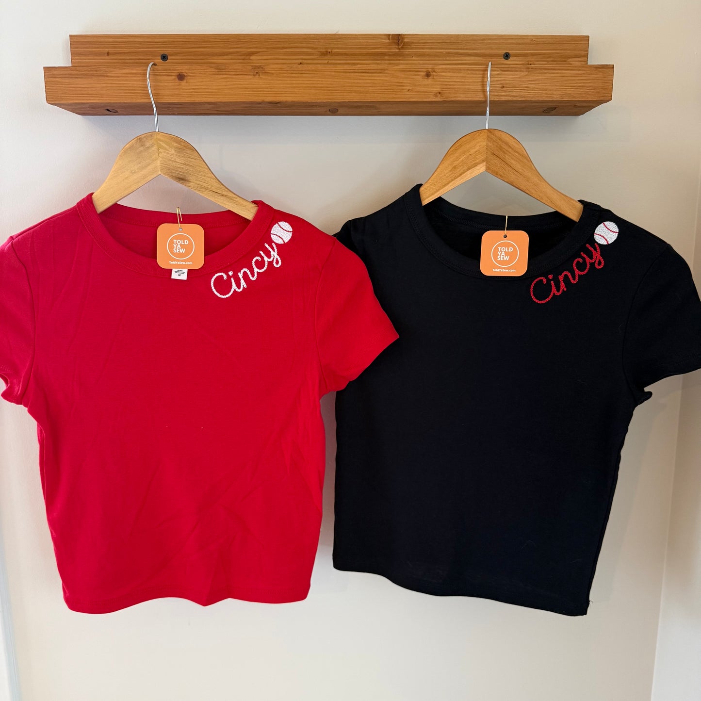 Cincy Baseball Embroidered Fitted Cropped T-Shirt