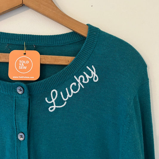 "Lucky" Neckline Embroidered Upcycled Button-Up Sweater