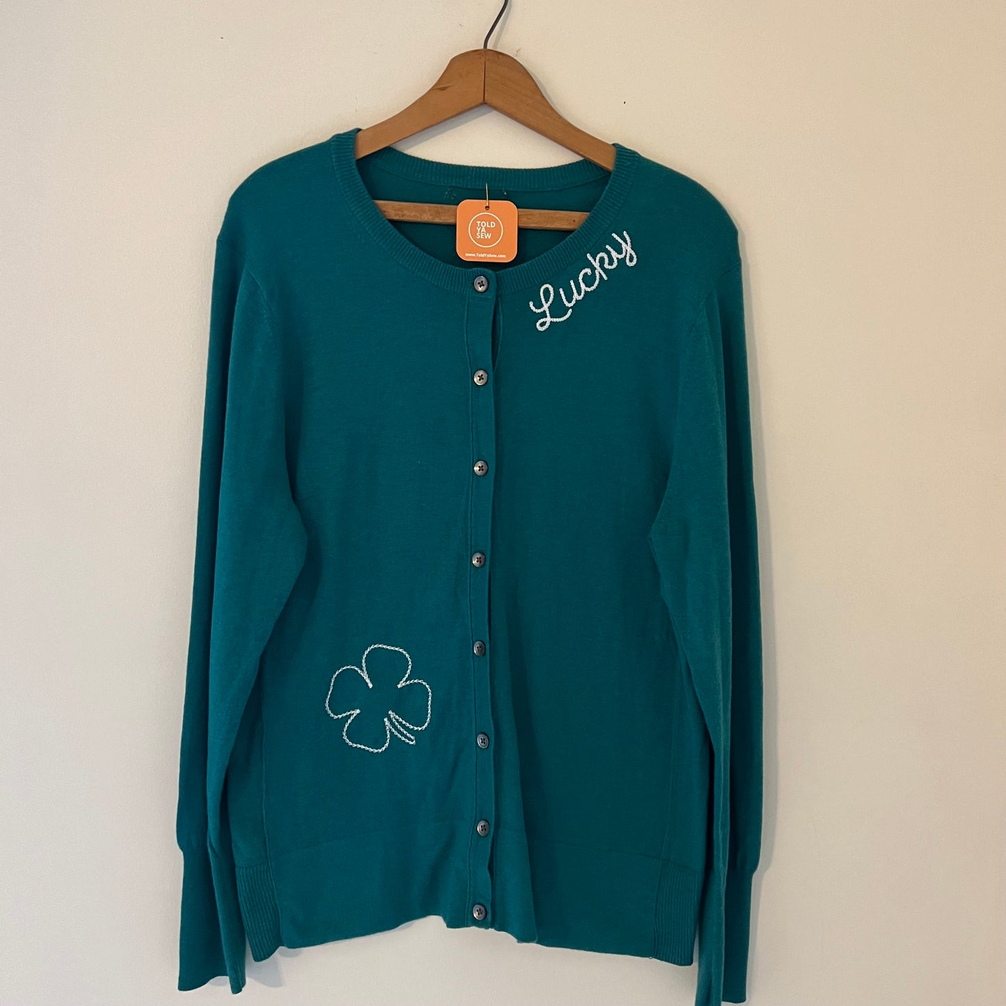 "Lucky" Neckline Embroidered Upcycled Button-Up Sweater