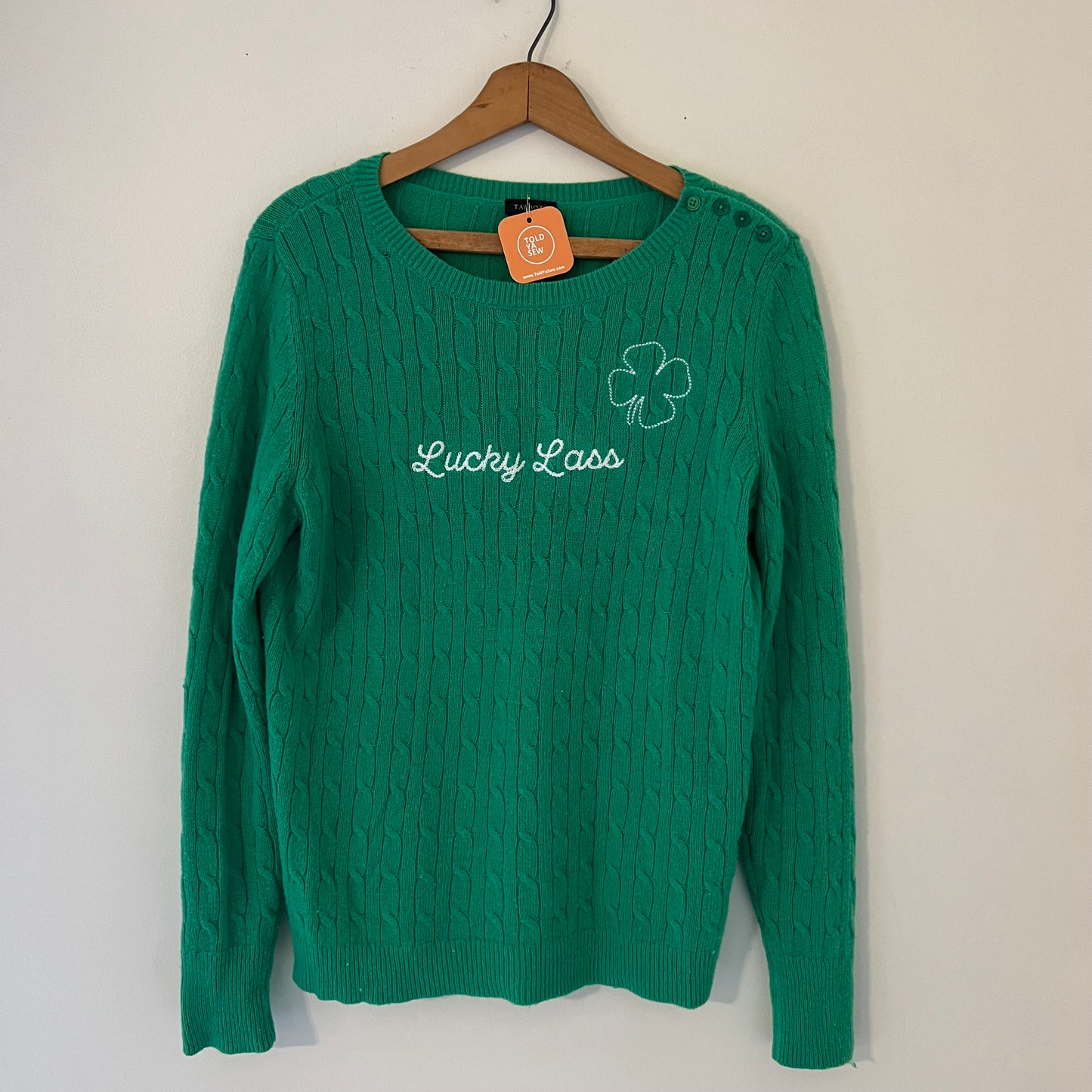 "Lucky Lass" Embroidered Upcycled Cable Knit Sweater