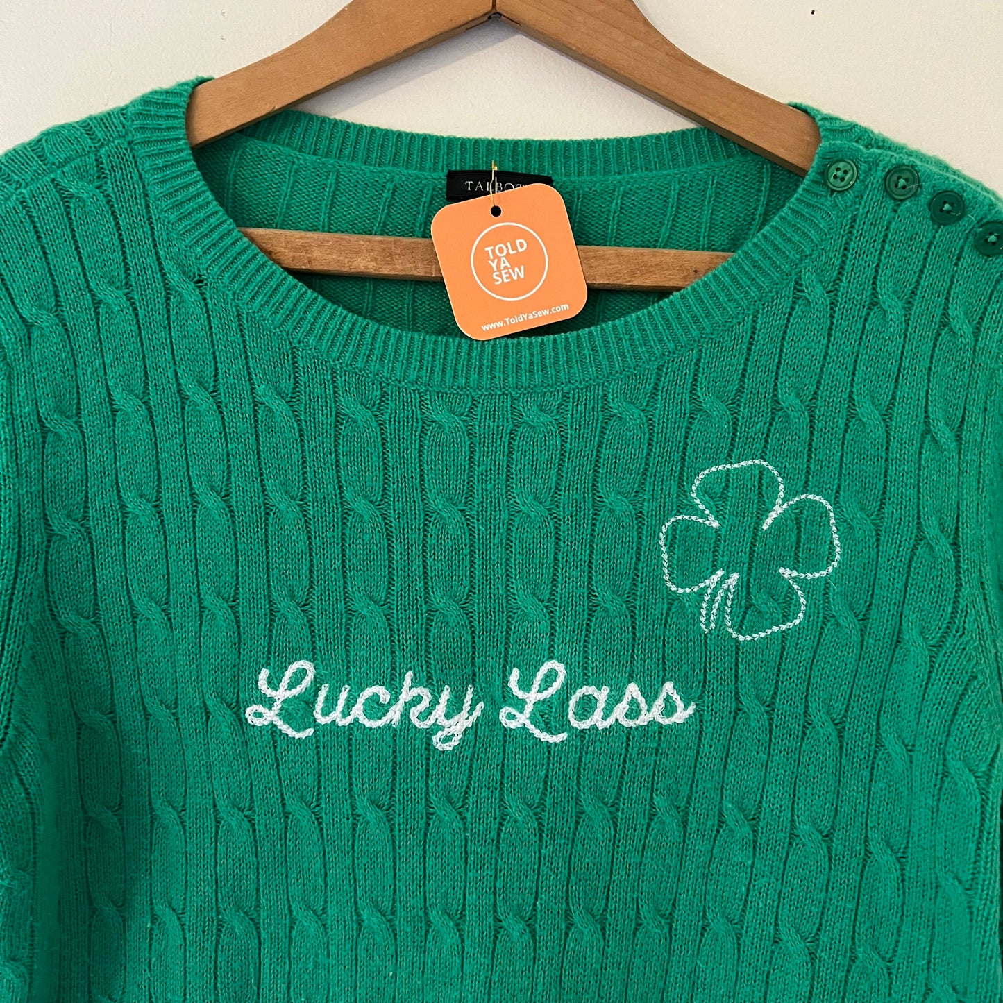 "Lucky Lass" Embroidered Upcycled Cable Knit Sweater