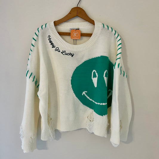 "Happy Go Lucky" Upcycled Embroidered Sweater