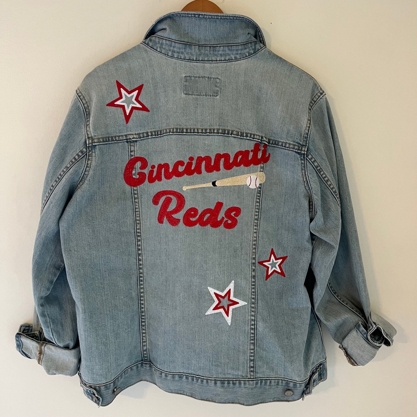 Cincinnati Reds Upcycled Embroidered Denim Jacket