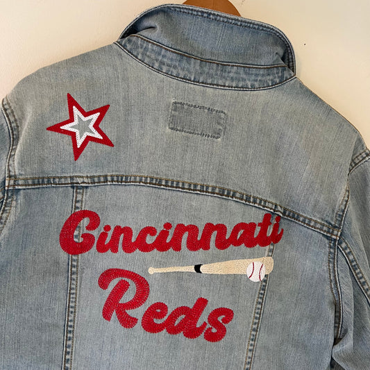 Cincinnati Reds Upcycled Embroidered Denim Jacket