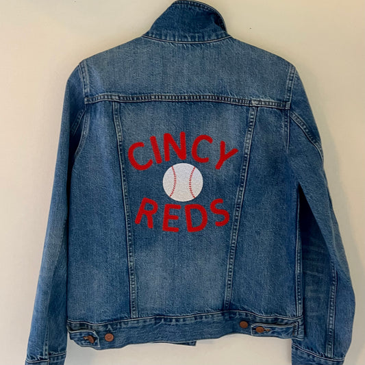 Cincy Reds Upcycled Embroidered Denim Jacket