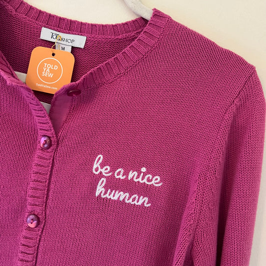 "Be a Nice Human" Upcycled Button-Up Knit Sweater