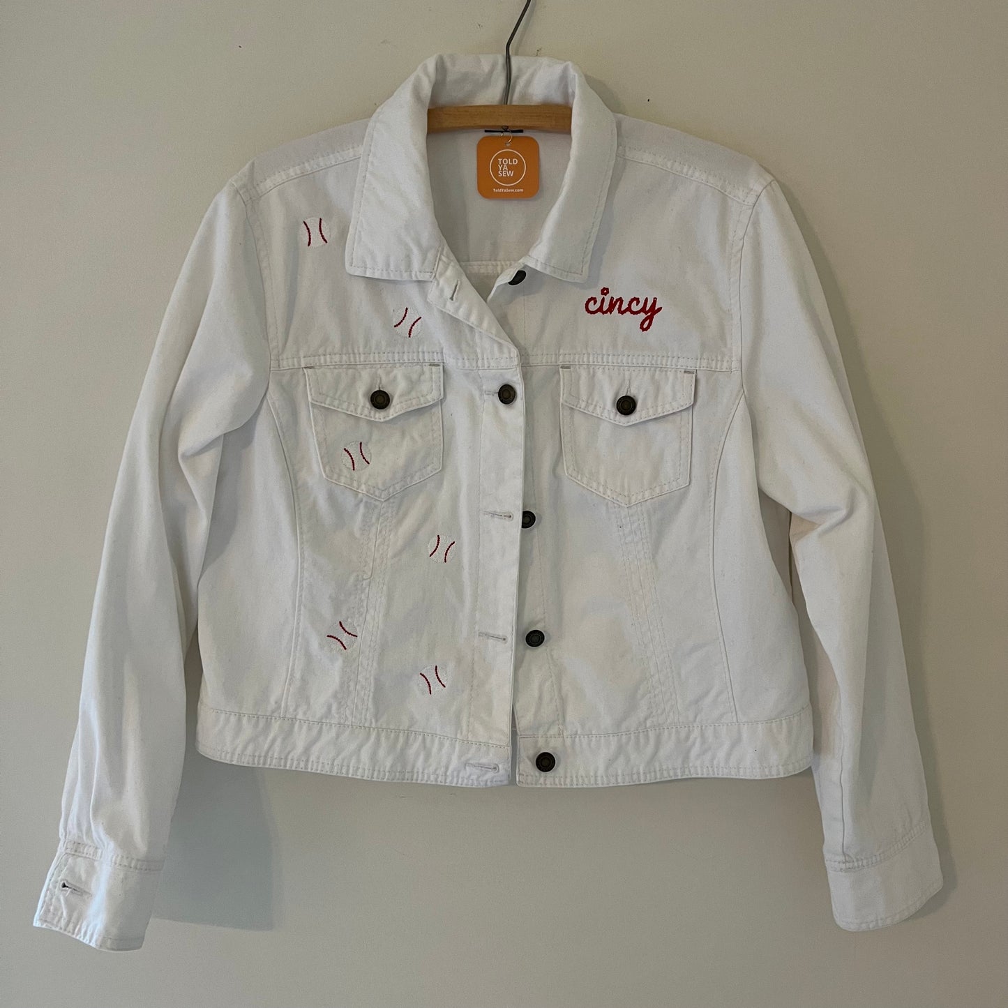 Cincy Baseball Embroidered Upcycled White Denim Jacket