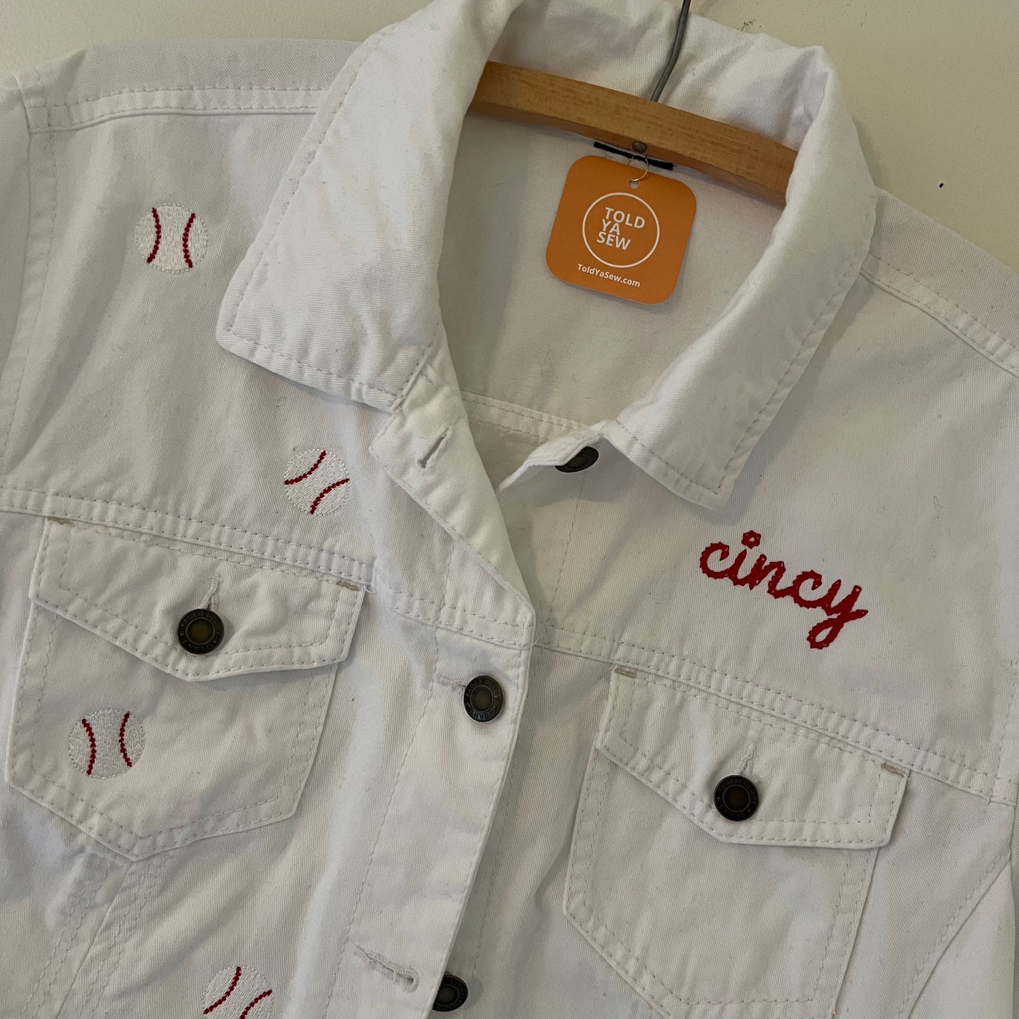 Cincy Baseball Embroidered Upcycled White Denim Jacket