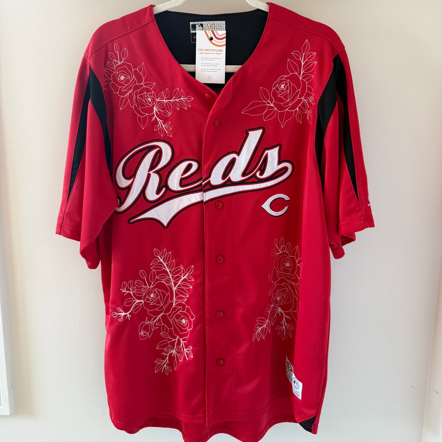 Upcycled Cincinnati Reds Jersey with Embroidered Roses