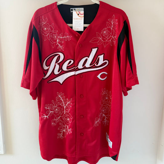 Upcycled Cincinnati Reds Jersey with Embroidered Roses