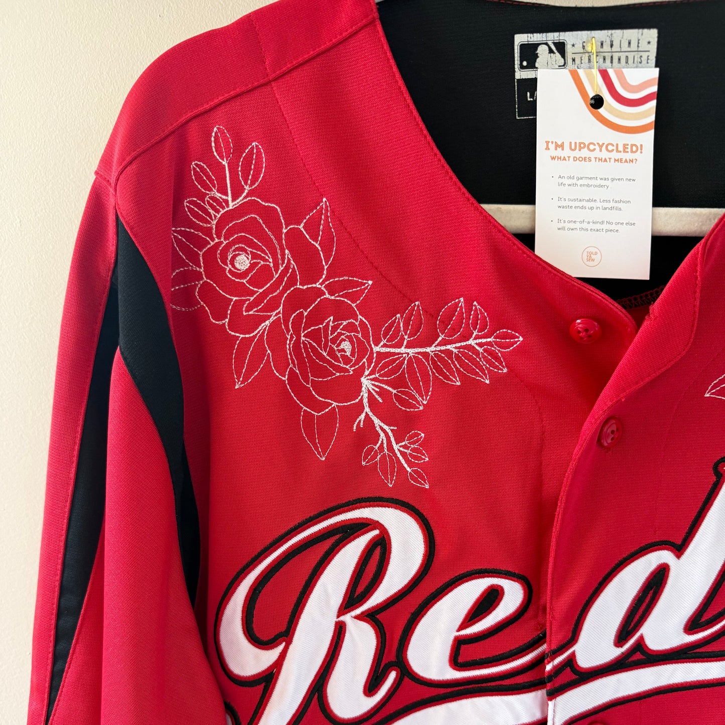 Upcycled Cincinnati Reds Jersey with Embroidered Roses