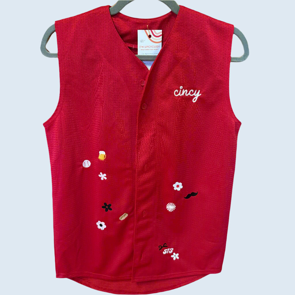 "Summer in Cincy" Upcycled Sleeveless Embroidered Baseball Jersey