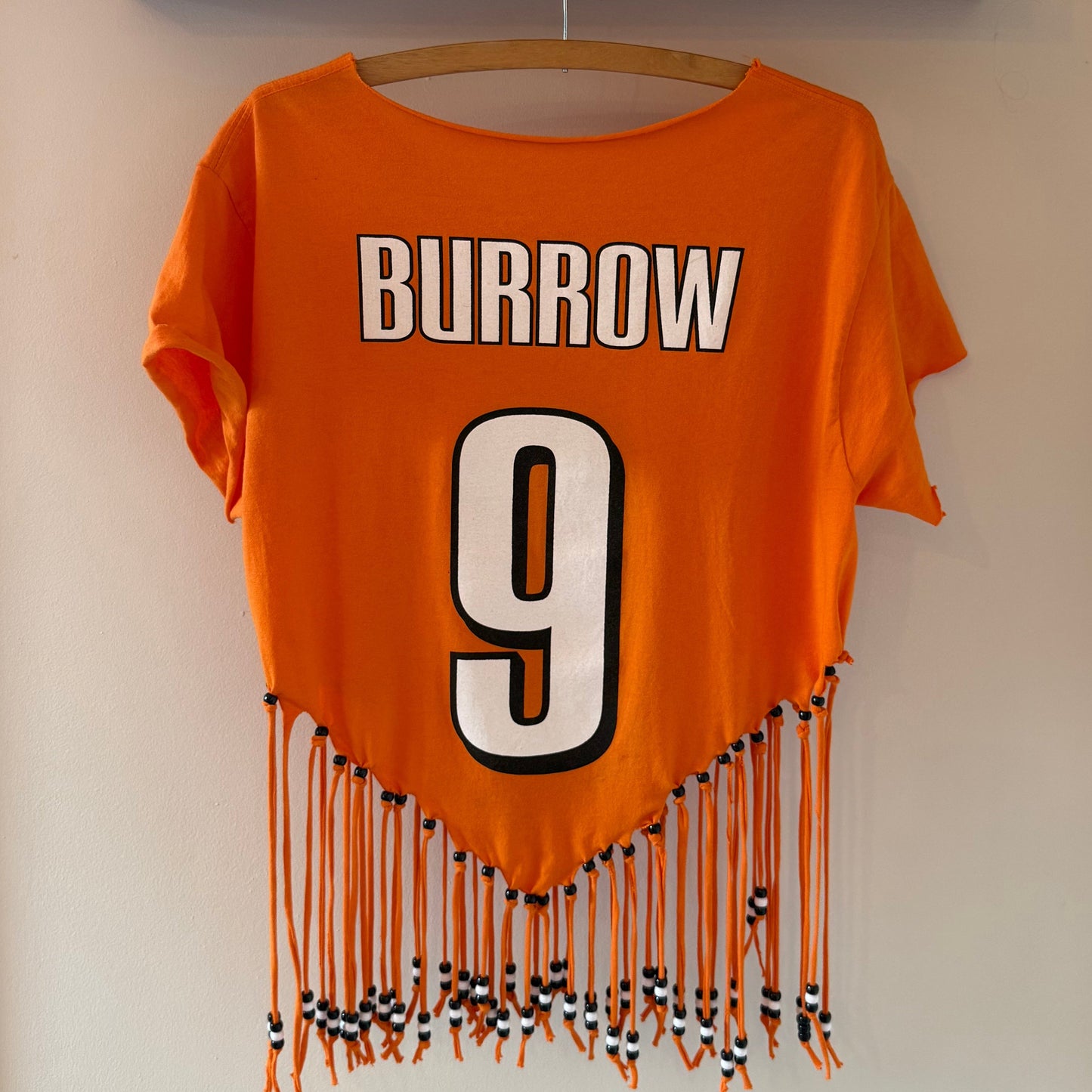 Cincinnati Bengals Burrow Fringe Beaded Cropped T-shirt
