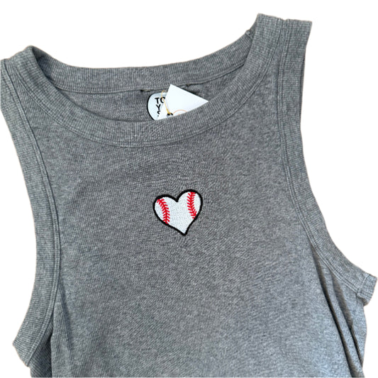 Baseball Heart Embroidered Upcycled Grey Tank Top